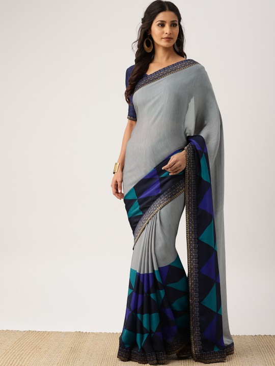 Grey Solid Poly Georgette Saree