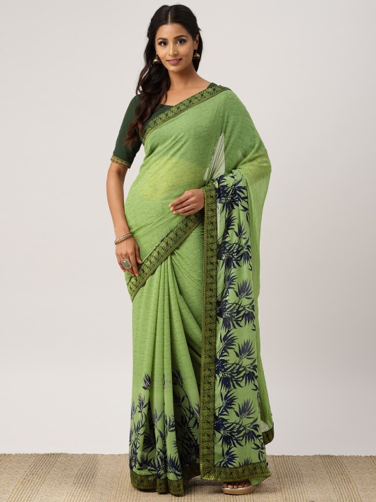 Green Printed Poly Georgette Saree