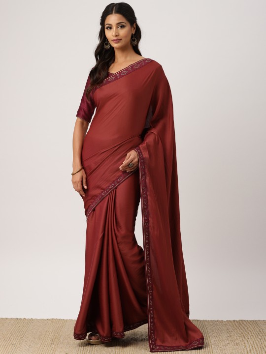 Rust Red Poly Georgette Solid Banarasi Saree
