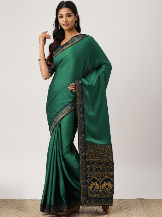 Green & Blue Pure Silk Solid Banarasi Saree