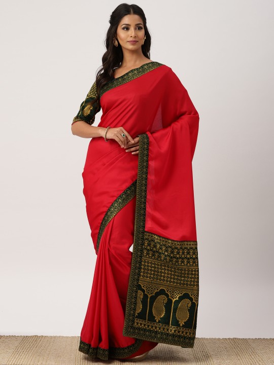 Red Solid Pure Silk Saree