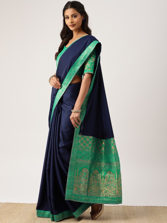 Navy Blue & Green Solid Pure Silk Saree