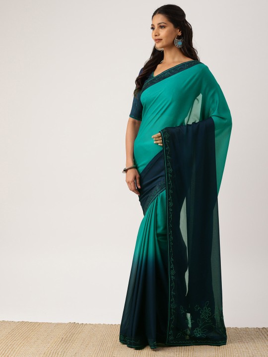 Navy Blue & Green Poly Georgette Dyed Saree