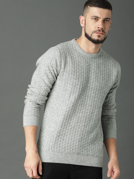Roadster Men Grey Self Design Pullover