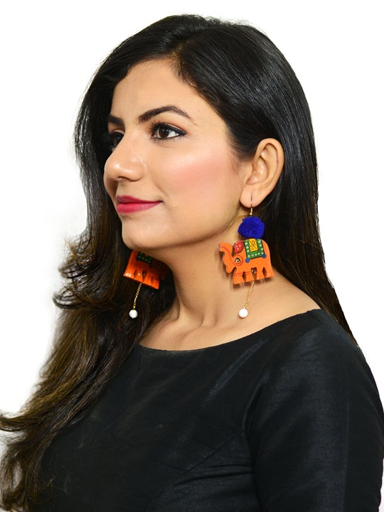 Orange Elephant Pop Hand-Painted Pom-Pom Bohemian Earrings
