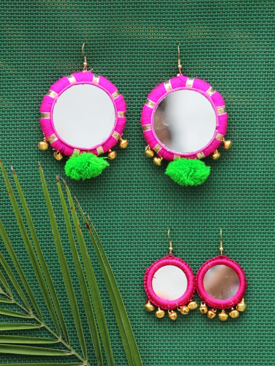 Set of 2 Pink & Gold-Toned Mirror Ghungroo Handcrafted Earrings