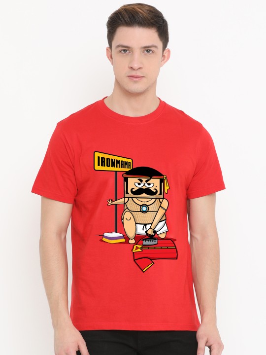 Men Red Printed Round Neck T-shirt S
