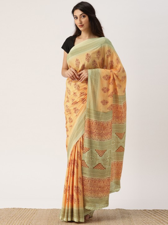 Orange & Beige Silk Blend Printed Saree
