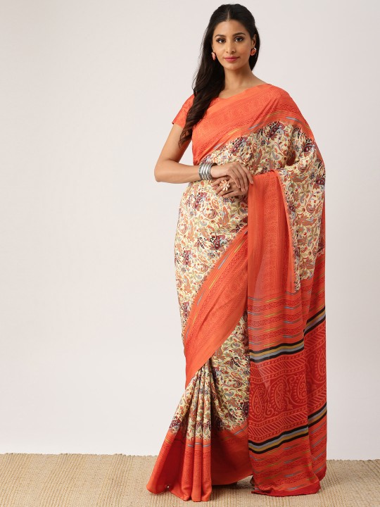 Orange & Beige Printed Silk Blend Saree