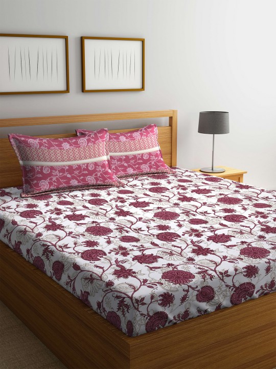 Off-White Floral Flat 160 TC Cotton 1 Queen Bedsheet with 2 Pillow Covers
