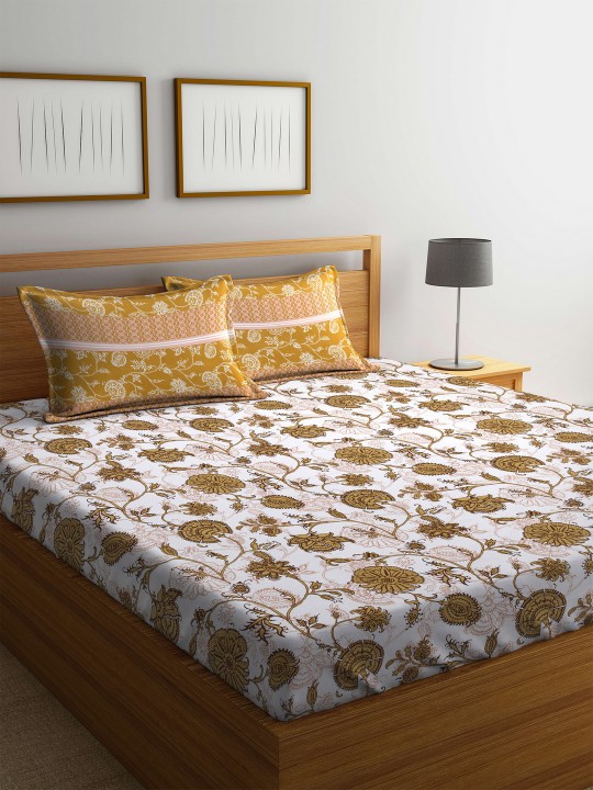 Off-White & Yellow Ethnic Motifs Flat 160 TC Cotton 1 Queen Bedsheet with 2 Pillow Covers