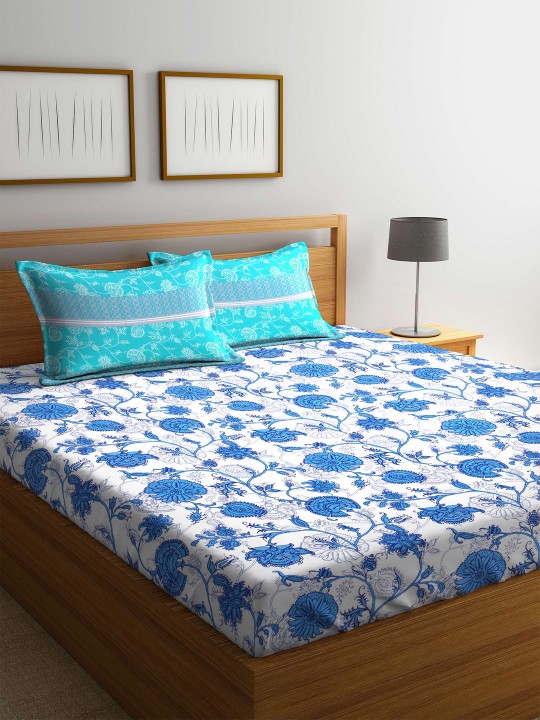 White & Blue Floral Flat 160 TC Cotton 1 Queen Bedsheet with 2 Pillow Covers