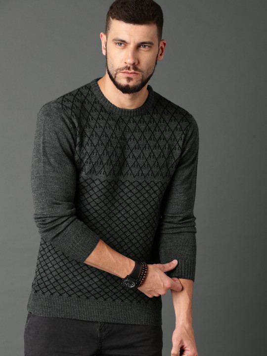 Roadster Men Charcoal Grey Self-Design Pullover