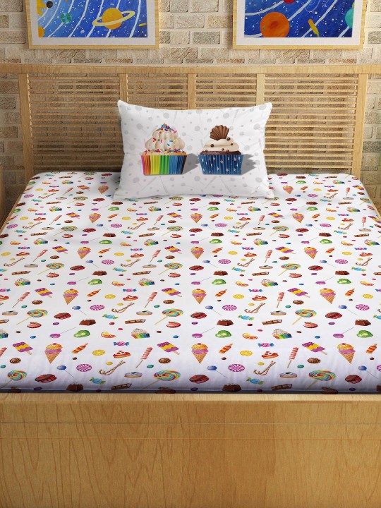 White Cartoon Characters Flat 300 TC Cotton 1 Single Bedsheet with 1 Pillow Covers