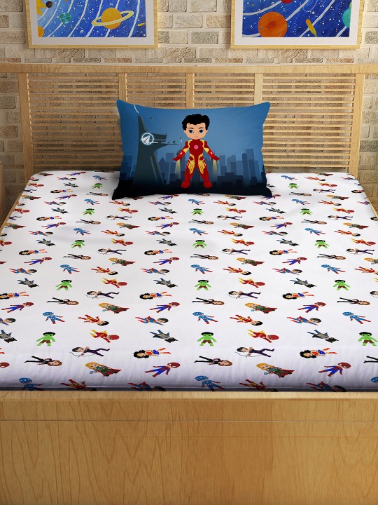 White Cartoon Characters Flat 300 TC Cotton 1 Single Bedsheet with 1 Pillow Covers