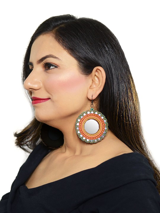 Green & Red Aayat Hand-Painted Wooden Mirror Earrings