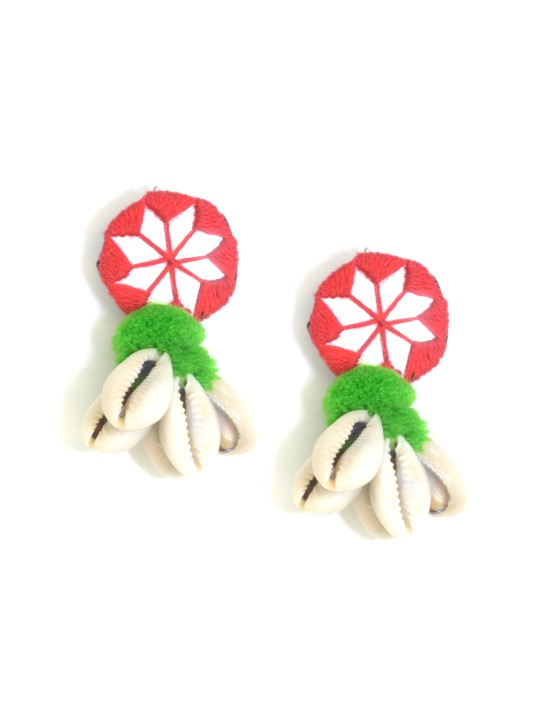Red & Green Zoya Pom-Pom Shell Bohemian Earrings