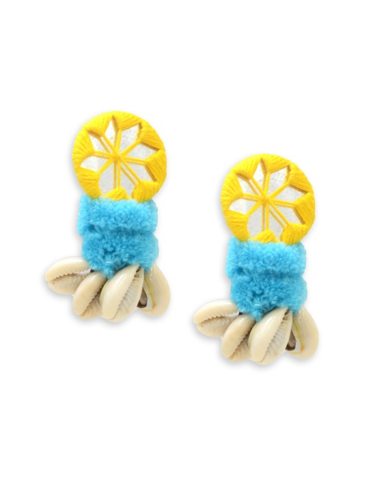 Yellow & Blue Zoya Pom-Pom Shell Bohemian Earrings