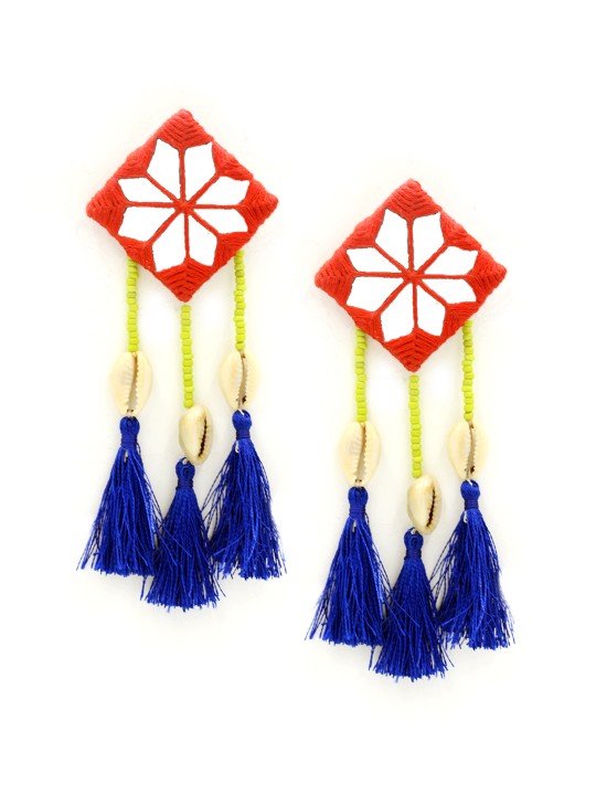 Red & Yellow Bohemian Rhapsody Hand-Embroidered Mirror Earrings