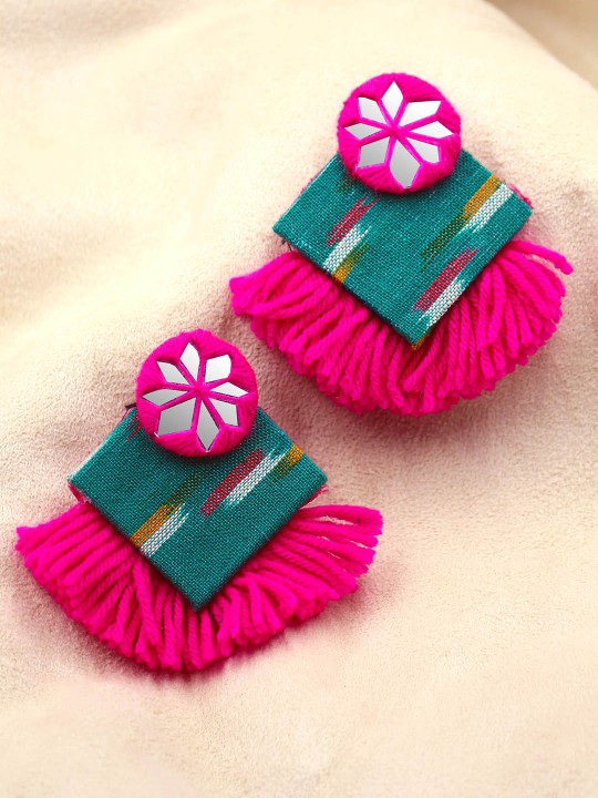 Green & Pink Ikat Shine Handcrafted Indo-Contemporary Earrings