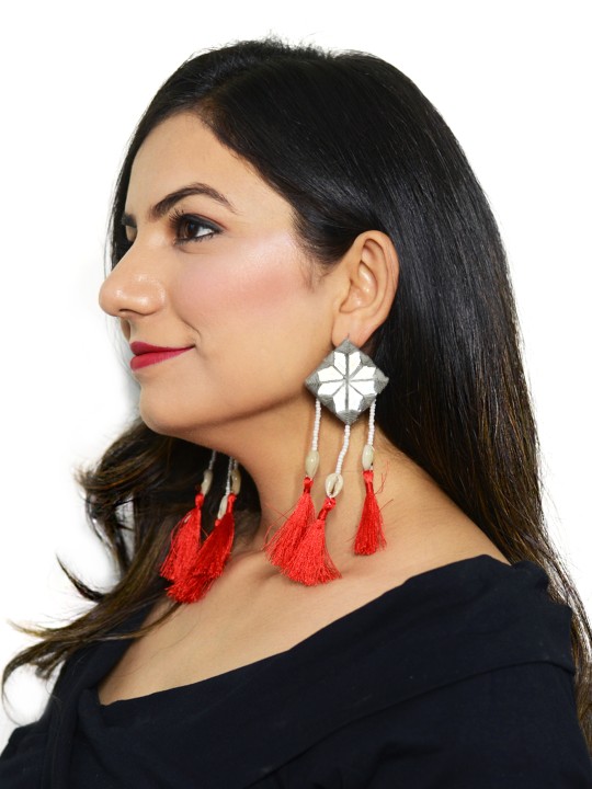 Grey & Red Bohemian Rhapsody Hand-Embroidered Mirror Earrings