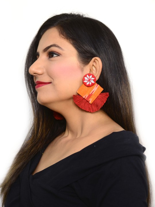 Red & Orange Ikat Shine Handcrafted Indo-Contemporary Earrings