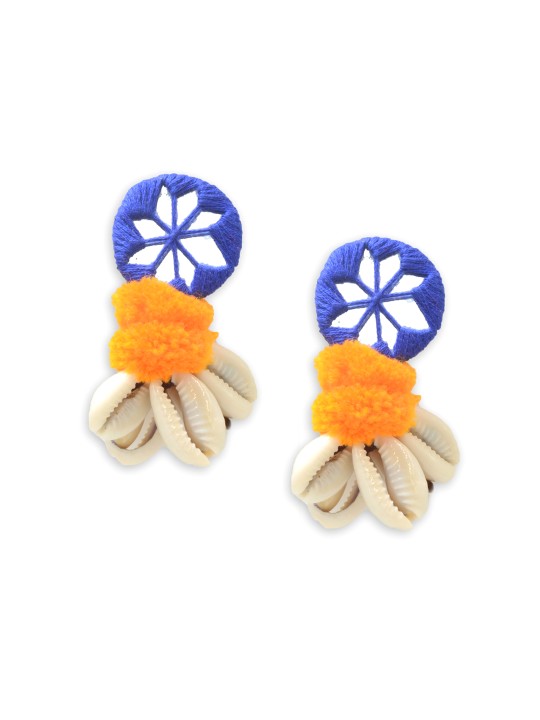 Blue & Yellow Zoya Pom-Pom Shell Bohemian Earrings