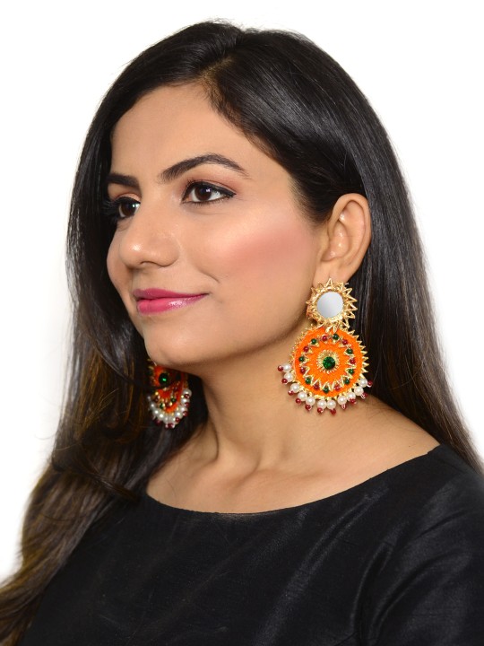 Orange & Gold-Toned Mirror Magnificence Hand-Embroidered Earrings