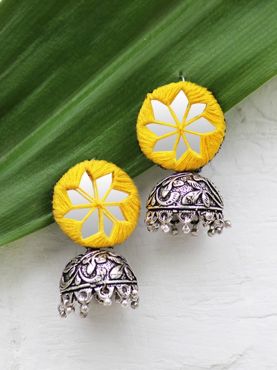 Yellow & Silver-Toned Mahira Jhumkas
