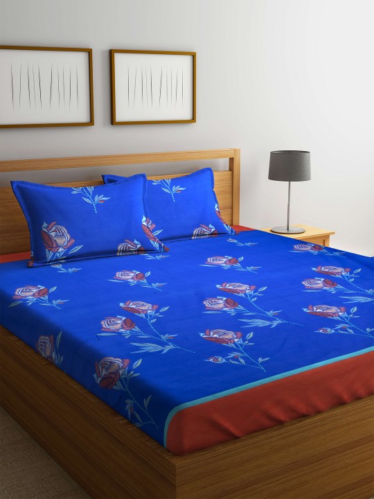 Blue Flat 100 TC Polyester 1 Queen Bedsheet with 2 Pillow Covers