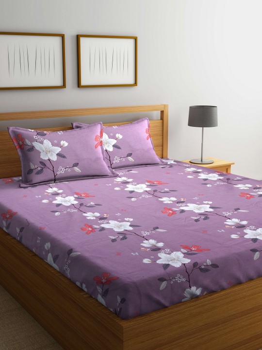 Grey & Brown Flat 124 TC Polyester 1 Queen Bedsheet with 2 Pillow Covers