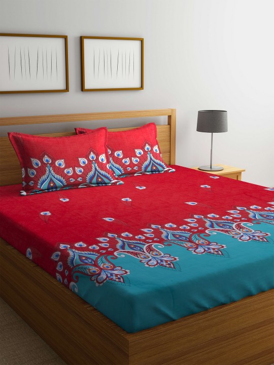 Red & Green Solid Flat 100 TC Polyester 1 Queen Bedsheet with 2 Pillow Covers