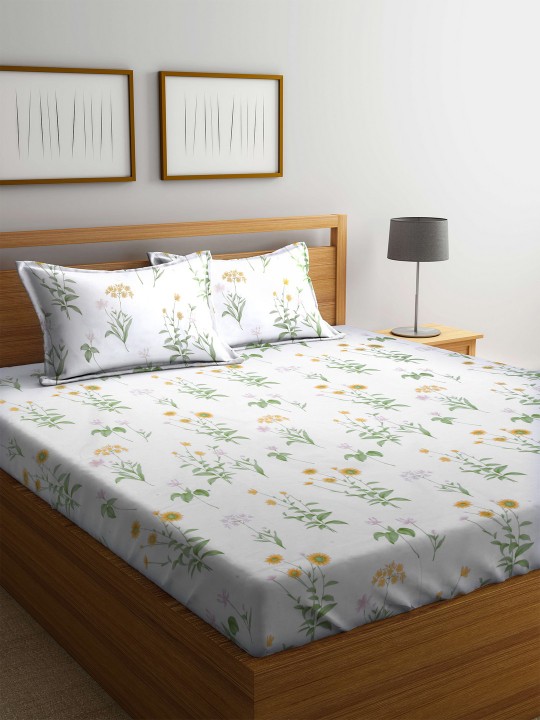 Cream-Coloured Flat 100 TC Polyester 1 Queen Bedsheet with 2 Pillow Covers