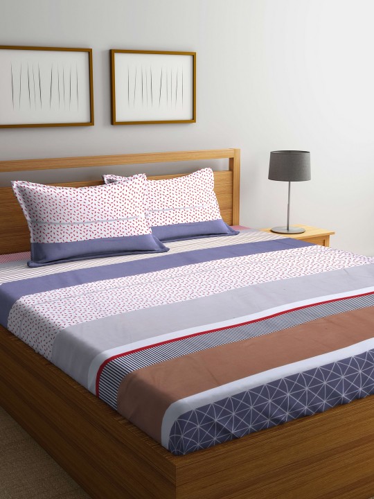 White Flat 124 TC Polyester 1 Queen Bedsheet with 2 Pillow Covers