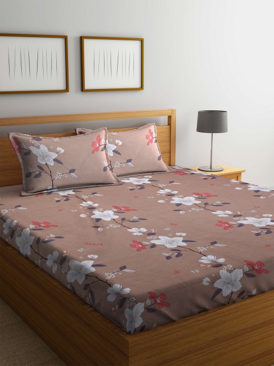 Brown Flat 124 TC Polyester 1 Queen Bedsheet with 2 Pillow Covers