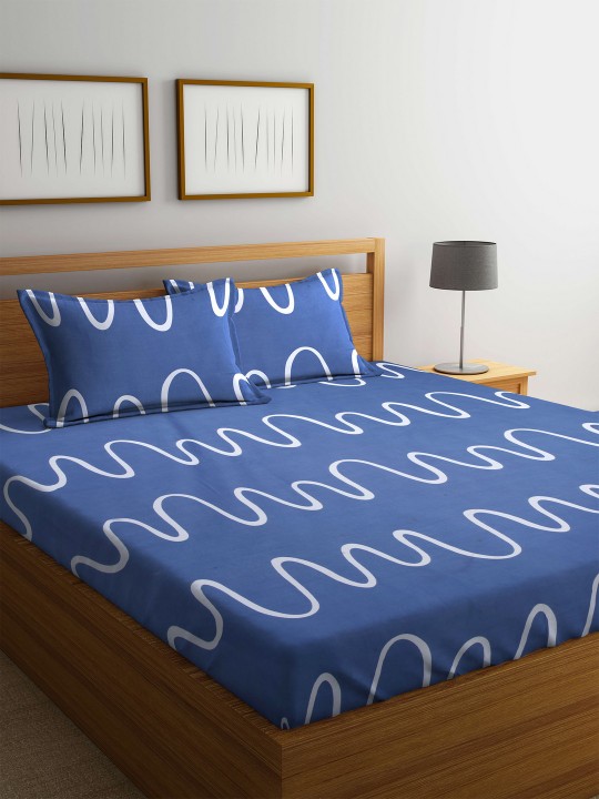 Blue Flat 124 TC Polyester 1 Queen Bedsheet with 2 Pillow Covers
