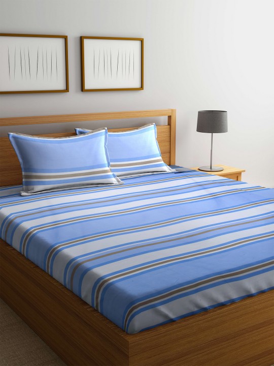 Blue Striped Flat 124 TC Polyester 1 Queen Bedsheet with 2 Pillow Covers