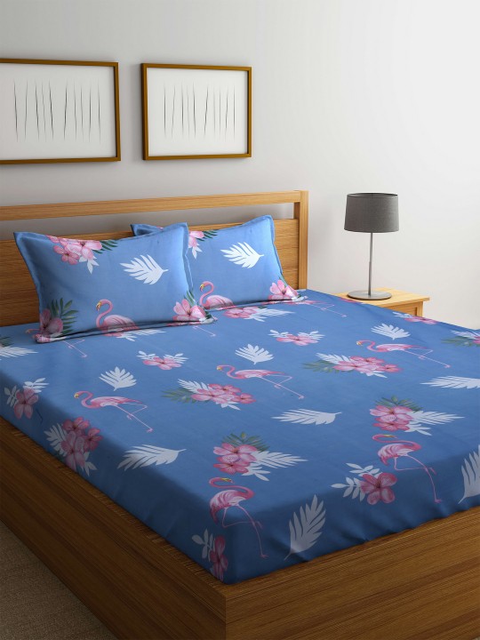 Blue Floral Flat 124 TC Polyester 1 Queen Bedsheet with 2 Pillow Covers