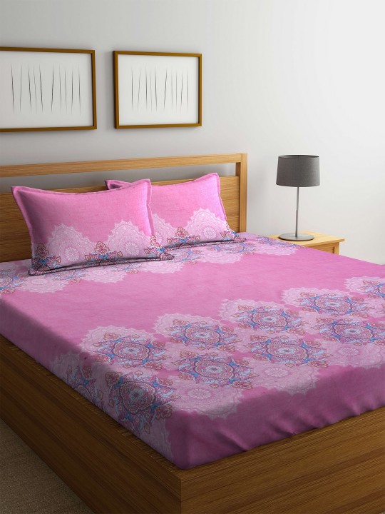 Pink Abstract Flat 100 TC Polyester 1 Queen Bedsheet with 2 Pillow Covers