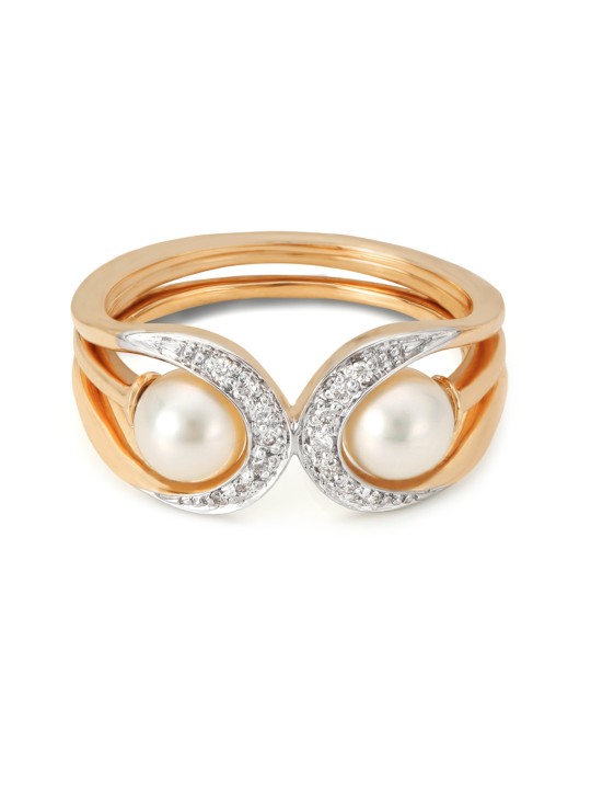 Women 14-KT Yellow Gold Ring with Diamonds & Pearls