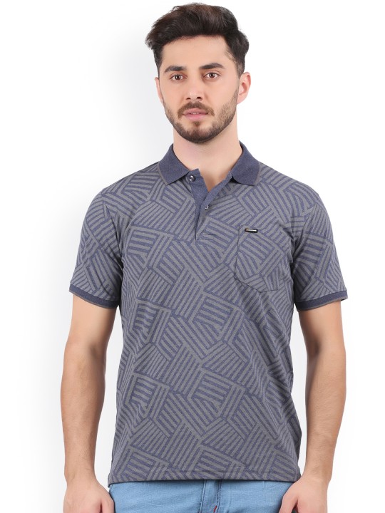 Men Grey Printed Polo Collar T-shirt S