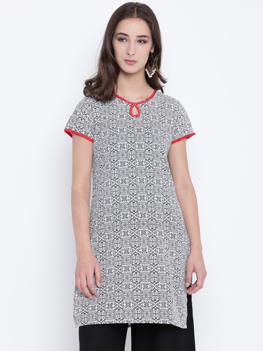 Women Black & White Printed Straight Kurta XXL