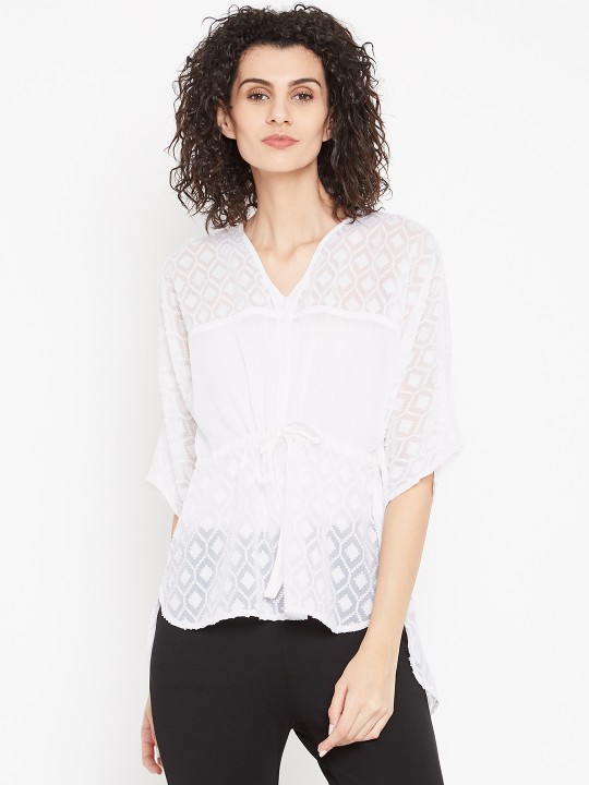Women White Self Design Semi Sheer Cinched Waist Top XS