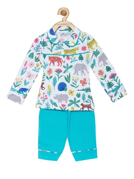 Girls White Printed Night suit 1-2Y