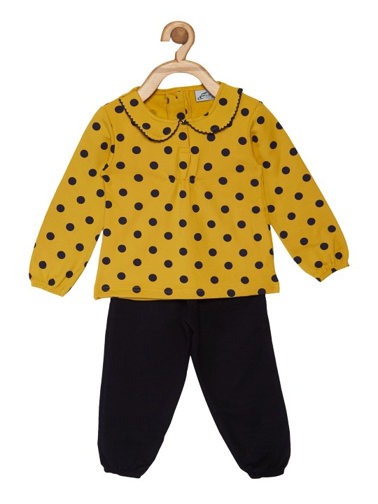 Girls Yellow & Navy Blue Printed Night suit 1-2Y