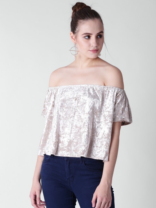 Women Beige Velvet Finish Bardot Top S