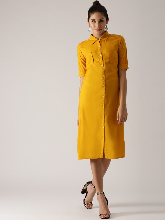 Women Mustard Yellow Solid Shirt Dress XS