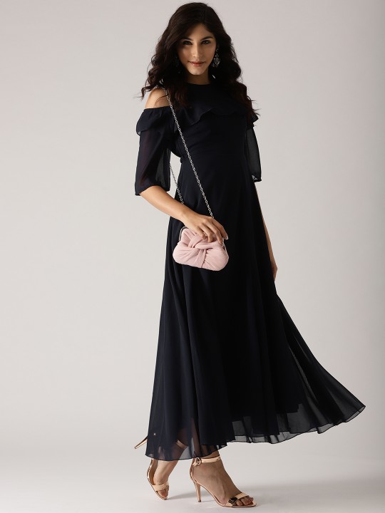 Women Navy Blue Cold-Shoulder Maxi Dress XS