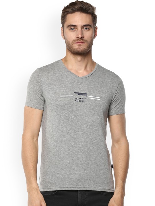 Men Grey Printed V-Neck T-shirt S