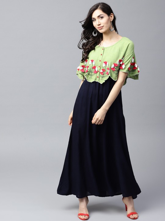 Women Navy Blue & Green Layered Maxi Dress S
